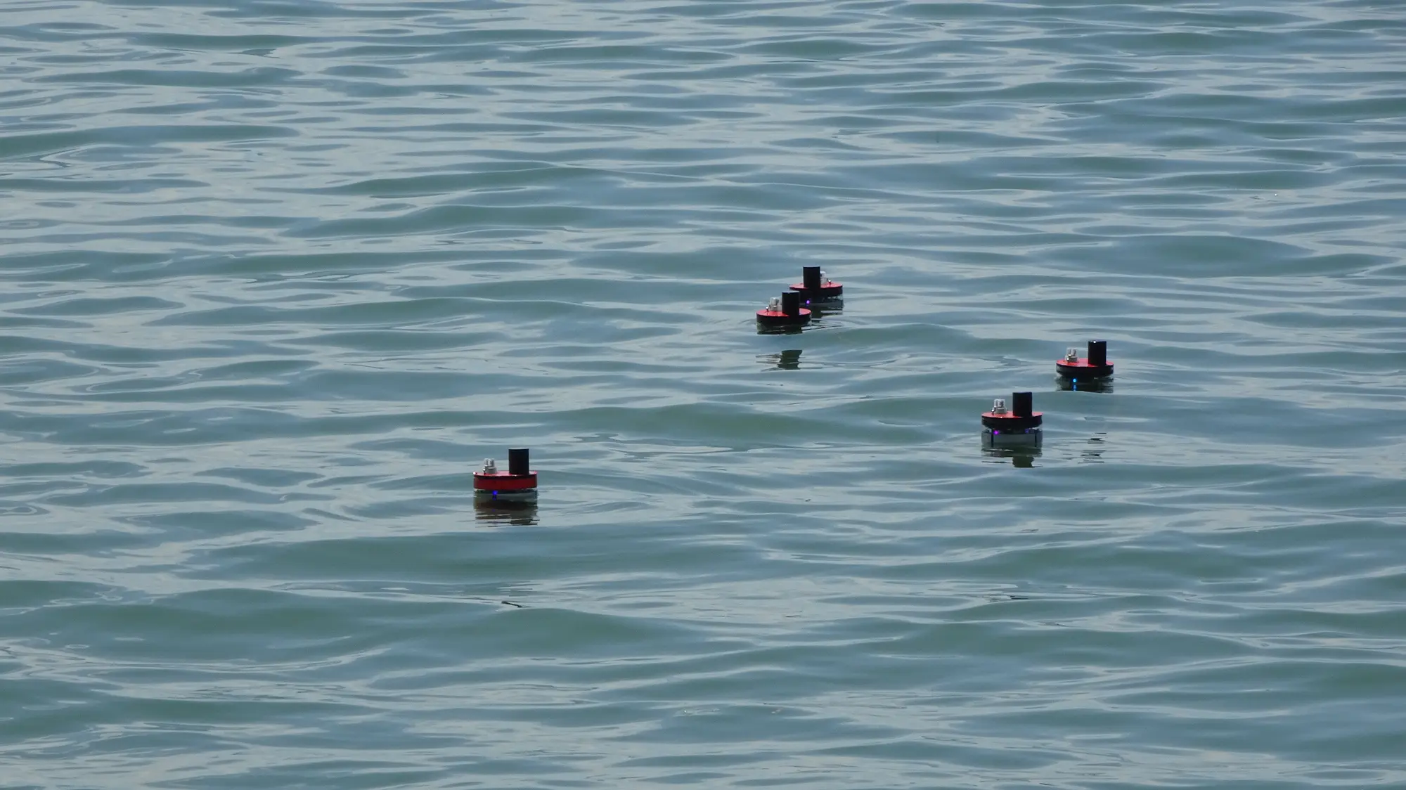 Three aMussel units floating on open water in the Venice lagoon